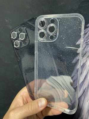 Силиконовый прозрачный чехол с блесками и стразами для Iphone + защита камеры