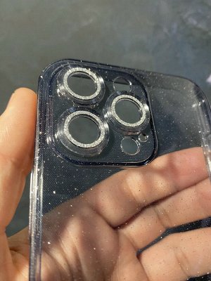 Силиконовый прозрачный чехол с блесками и стразами для Iphone + защита камеры