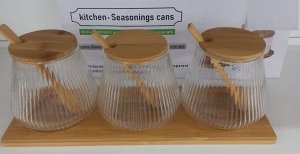 Набор банок для сыпучих продуктов 3 шт, бамбуковые крышки на подставке