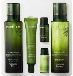 Welcos Набор для лица с экстрактом алоэ вера Puretem Purevera Skin Care Set2, 130мл*2шт, 25мл, 15мл, 15мл