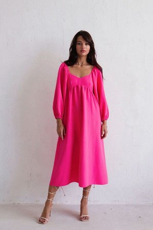 Платье-миди с пышными рукавами ярко-розовое (остаток: )