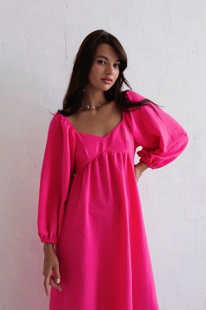 Платье-миди с пышными рукавами ярко-розовое (остаток: )