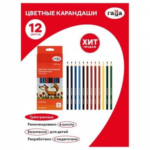 Карандаши цветные 12 цветов «Гамма. Мультики», трёхгранные, заточенные, картонная упаковка, (290122_12)