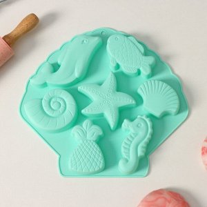 Форма для выпечки Доляна «Морские обитатели», силикон, 26?24?2,5 см, 7 ячеек, цвет бирюзовый