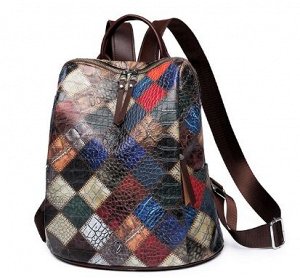 Рюкзак из текстурной под рептилию натуральной кожи, с широким текстильным ремнем, лоскутный принт