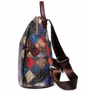 Рюкзак из текстурной под рептилию натуральной кожи, с широким текстильным ремнем, лоскутный принт