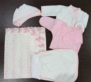 Комплект для новорожденного 5 предметов цвет Белый с розовым