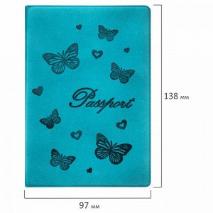 Обложка для паспорта STAFF, бархатный полиуретан, "Бабочки", мятно-бирюзовая, 237617