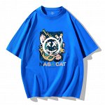 Футболка мужская, с коротким рукавом, синяя, с принтом, oversize
