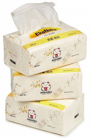 Салфетки бумажные Inshiro EkoNeko, 2 слоя, 200шт./ МЯГКАЯ упаковка, СПАЙКА 10шт