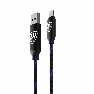 BY Кабель для зарядки Армированный iP, 1м, 2.4А, Быстрая зарядка, LED подсветка синяя
