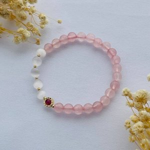 Браслет из Розового кварца, Селенита и Турмалина