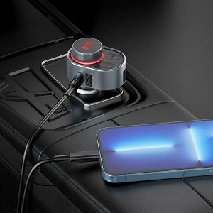 Автомобильное зарядное устройство HOCO E72 Alegria, USB+USB Type-C PD 30W + FM-трансмиттер, черный, Bluetooth, RGB подсветка