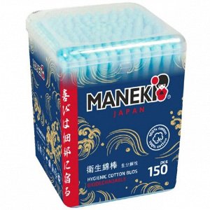 Палочки ватные гигиен. "MANEKI" (серия Ocean) с голубым бум. стиком, в пласт. коробке, 150 шт./уп.