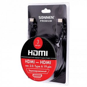 Кабель HDMI AM-AM, 3 м, SONNEN Premium, ver 2.0, FullHD, 4К, UltraHD, для ноутбука, компьютера, монитора, телевизора, проектора, 513131