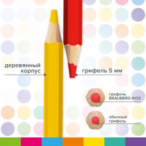 Карандаши цветные утолщенные BRAUBERG KIDS, 12 цветов, шестигранные, грифель 5 мм, натуральное дерево, 181878