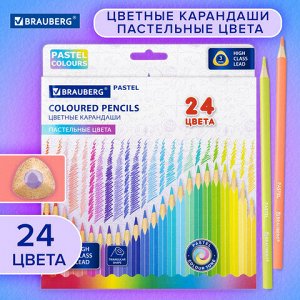 Карандаши цветные BRAUBERG PASTEL, 24 пастельных цвета, трёхгранные, грифель 3 мм, 181851
