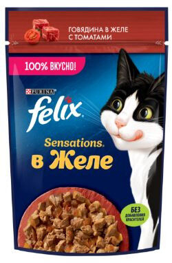 Felix Sensations влажный корм для кошек Говядина+Томат Желе 75гр пауч