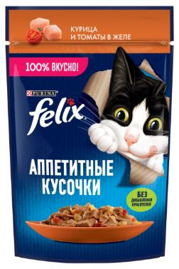 Felix Аппетитные кусочки влажный корм для кошек Курица+Томат в желе 75гр пауч