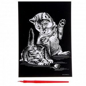 Гравюра «Котёнок и щенок» с металлическим эффектом серебра А5