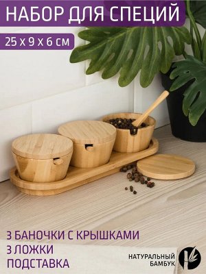 Набор для специй 4пр (банка для специй с ложкой*3шт+поднос 25*9*6см) бамбук