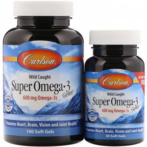 Carlson Labs, Wild Caught Super Omega-3 Gems, 600 мг, 100 мягких капсул + 30 капсул бесплатно