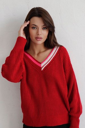 Пуловер крупной вязки красный