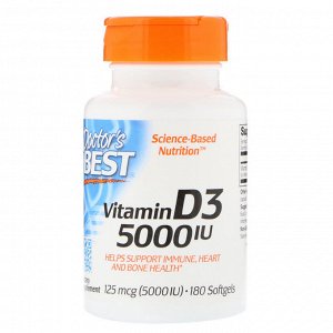 Doctors Best, Витамин D3, 125 мкг (5000 МЕ), 180 мягких таблеток