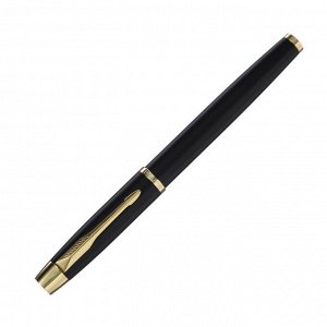 Ручка подарочная перьевая в кожзам футляре, корпус матовый черный, золото