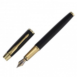 Ручка подарочная перьевая в кожзам футляре ПБ JT, корпус матовый черный/золото
