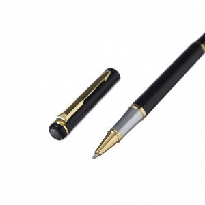 Ручка подарочная роллер, в кожзам футляре, корпус черный, золото, серебро