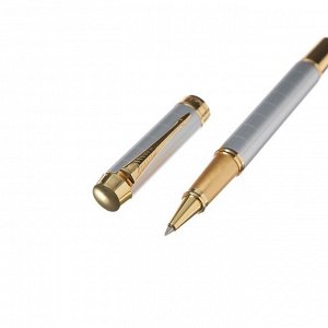 Ручка подарочная роллер, в кожзам футляре ПБ YS, корпус серый/золото