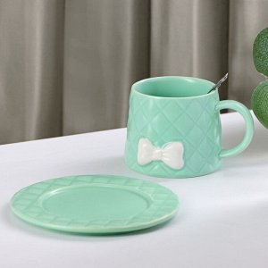 Чайная пара керамическая с ложкой «Бантик», 2 предмета: кружка 350 мл, блюдце d=15 см, цвет зелёный