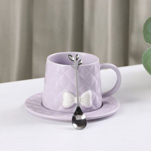 Чайная пара керамическая с ложкой «Бантик», 2 предмета: кружка 350 мл, блюдце d=15 см, цвет сиреневый