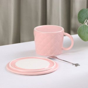 Чайная пара керамическая с ложкой «Бантик», 2 предмета: кружка 350 мл, блюдце d=15 см, цвет розовый