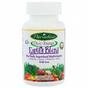 Paradise Herbs, Энергия ORAC, Earths Blend, ежедневный сверхпитательный мультивитамин, с железом, 60 капсул на растительной осно