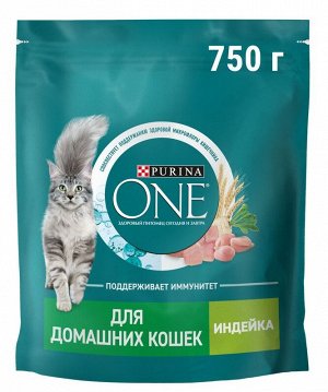 Purina ONE® Сухой корм для домашних кошек с индейкой и цельными злаками, Пакет, 750 г