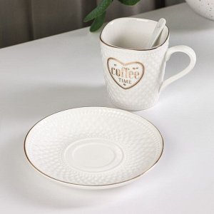 Кофейная пара керамическая с ложкой Coffee, 2 предмета: кружка 190 мл, блюдце, цвет белый