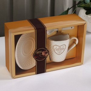 Кофейная пара керамическая с ложкой Coffee, 2 предмета: кружка 190 мл, блюдце, рисунок микс