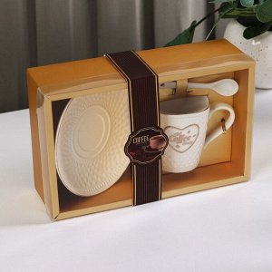 Кофейная пара керамическая с ложкой Coffee, 2 предмета: кружка 190 мл, блюдце, рисунок микс