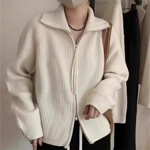 Универсальный утолщенный вязаный кардиган в корейском стиле для осени и зимы с двойной молнией и отворотами, белый