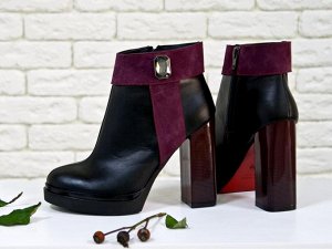 Ботинки на высоком каблуке из натуральной кожи и замши в комбинации из черного и бордового цвета, Коллекция Весна-Лето 2017, Б-1
