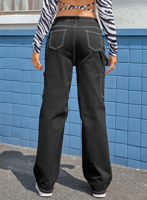 Черные брюки-карго с высокой талией и контрастной строчкой