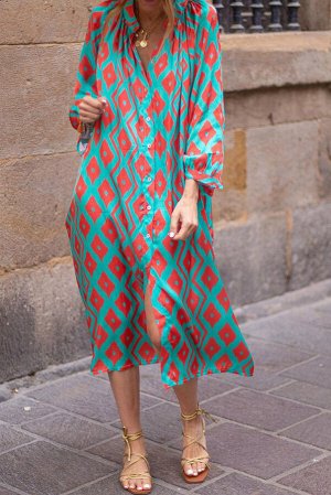 Бирюзовое платье-сорочка с геометрическим принтом и длинным рукавом