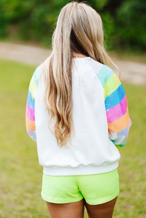 White Sequin Color Block Raglan Sleeve Pullover Sweatshirt
