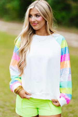 White Sequin Color Block Raglan Sleeve Pullover Sweatshirt