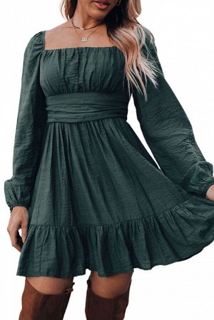 Темно-зеленое платье мини с квадратным вырезом и длинным объемным рукавом