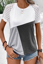 Gray Color Block Lace Patchwork Short Sleeve T Shirt