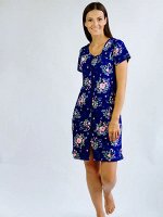 Ohana market 11146 Халат женский хлопковый c коротким рукавом, принт цветы. (цвет синий)