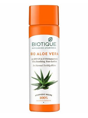 Biotique Bio Aloe vera 30+ SPF UVA/UVB Sunscreen Ultra Soothing Face Lotion 120ml Био Алоэ Вера Солнцезащитный Лосьон 30+ SPF для Лица и Тела, для Нормальной и Жирной Кожи 120мл